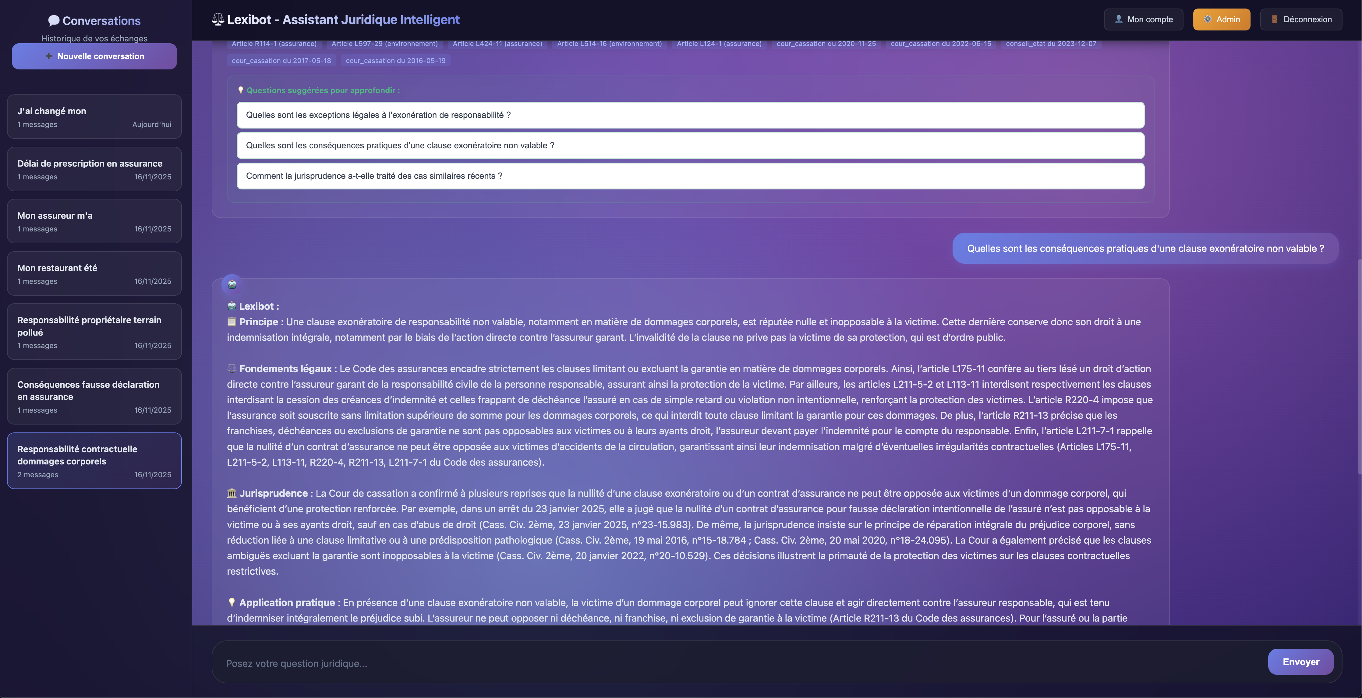 Interface Chat Juridique Lexibot - Réponses